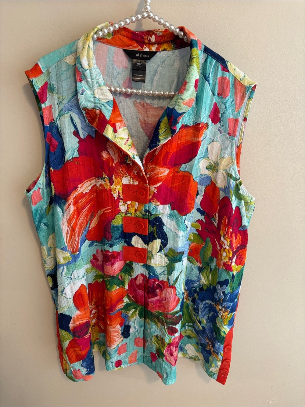 Ali Miles Floral print Sleeveless Button Front tunic top size xl